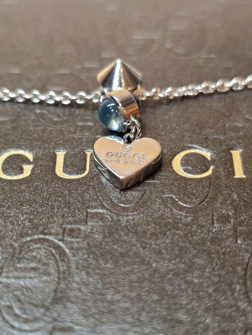 Gucci 925 Silver Heart Charm Necklace with Blue Bead
